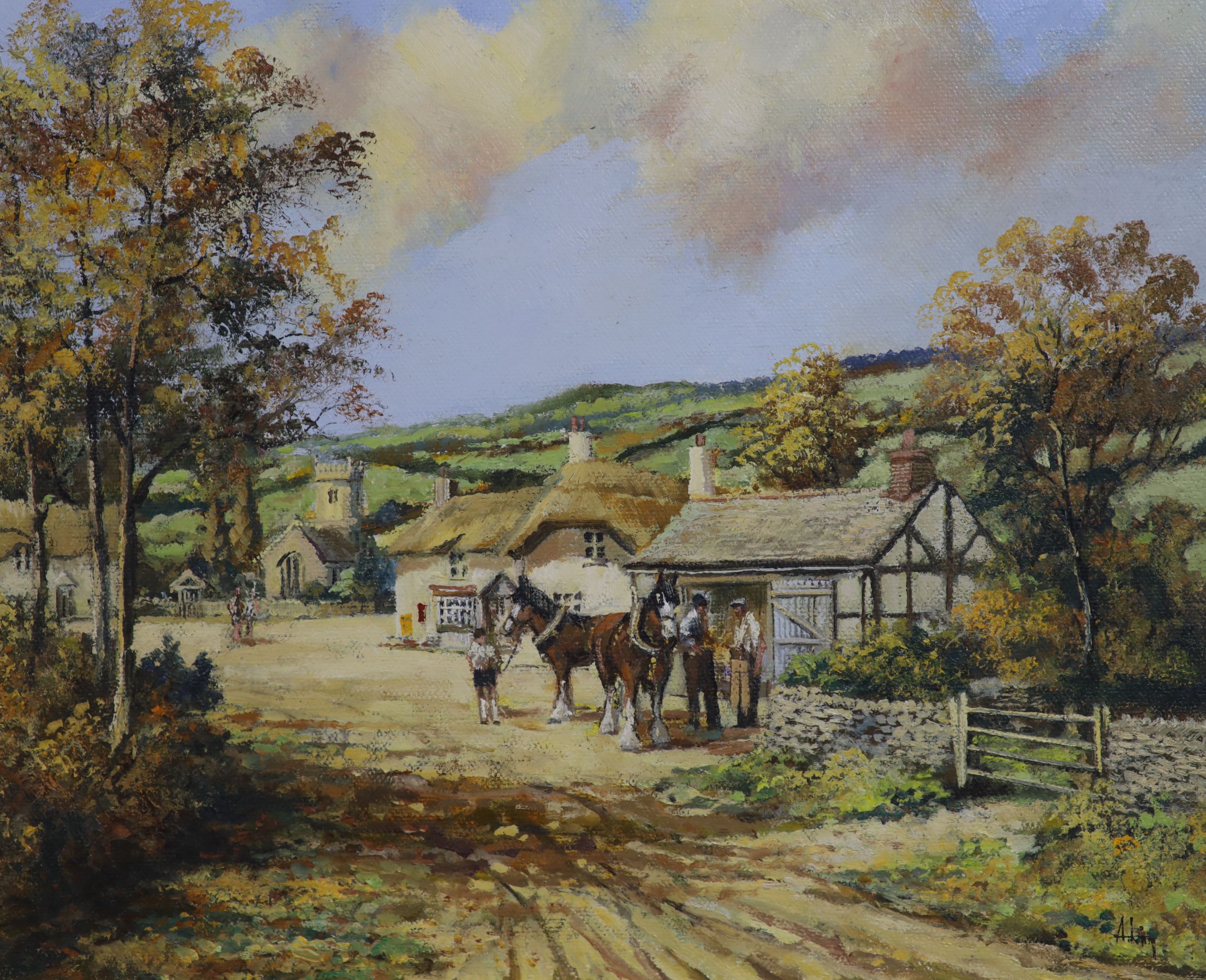 Alan King, oil on canvas panel, 'The Village Inn', signed, 29 x 39cm and oil on canvas, 'Visit to the Smithy', signed, 24 x 29cm